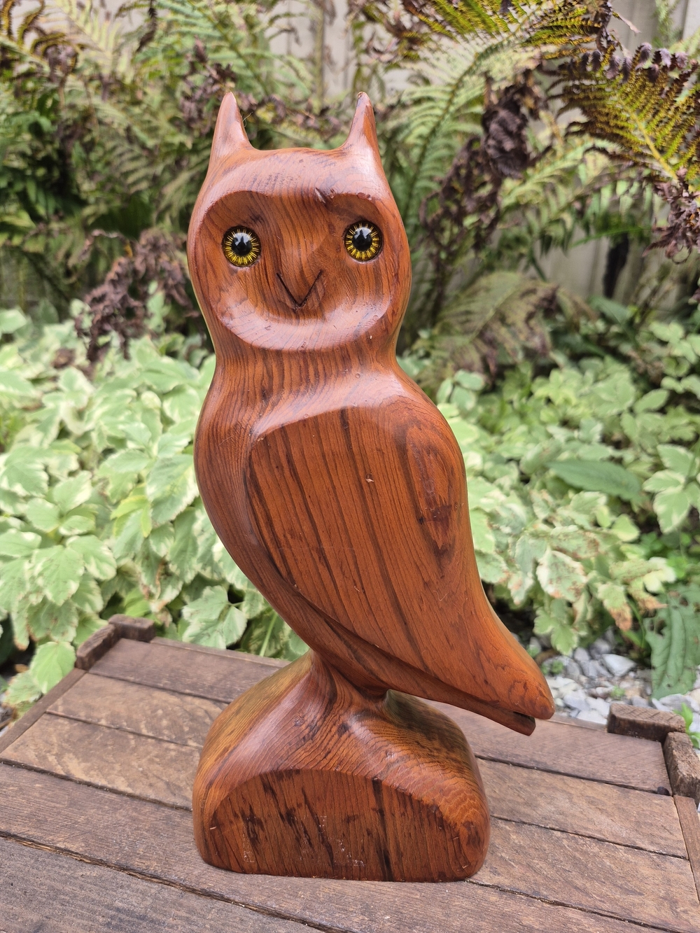 Vintage Hand Carved Solid Wood Owl Figurine MCM Boho Folk Art Large 12" Tall